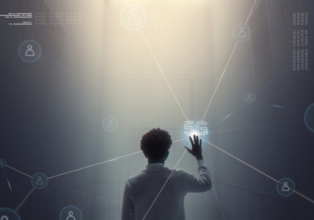 5g connection technology background with man using futuristic virtual screen digital remix 1