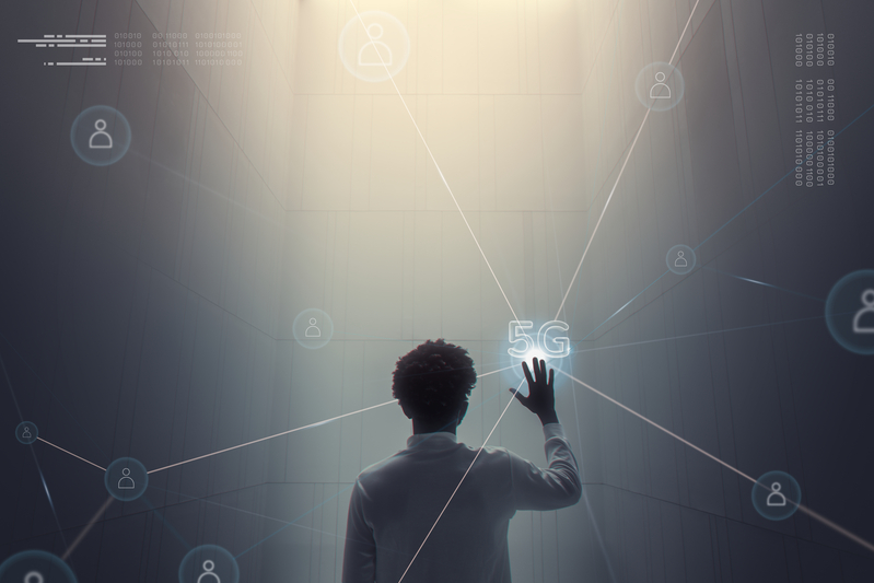 5g connection technology background with man using futuristic virtual screen digital remix 1