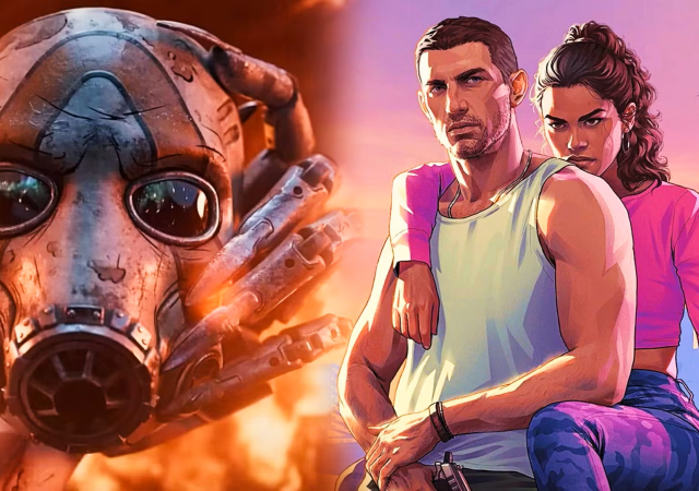 the psycho helmet from borderlands 4 s trailer and jason and lucia sitting on a car from the gta 6 key art