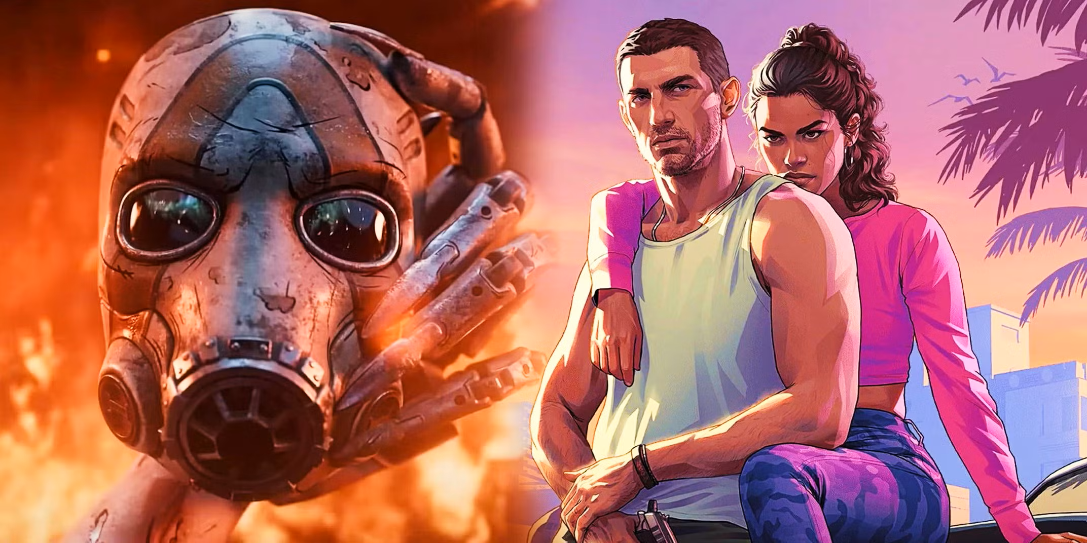 the psycho helmet from borderlands 4 s trailer and jason and lucia sitting on a car from the gta 6 key art