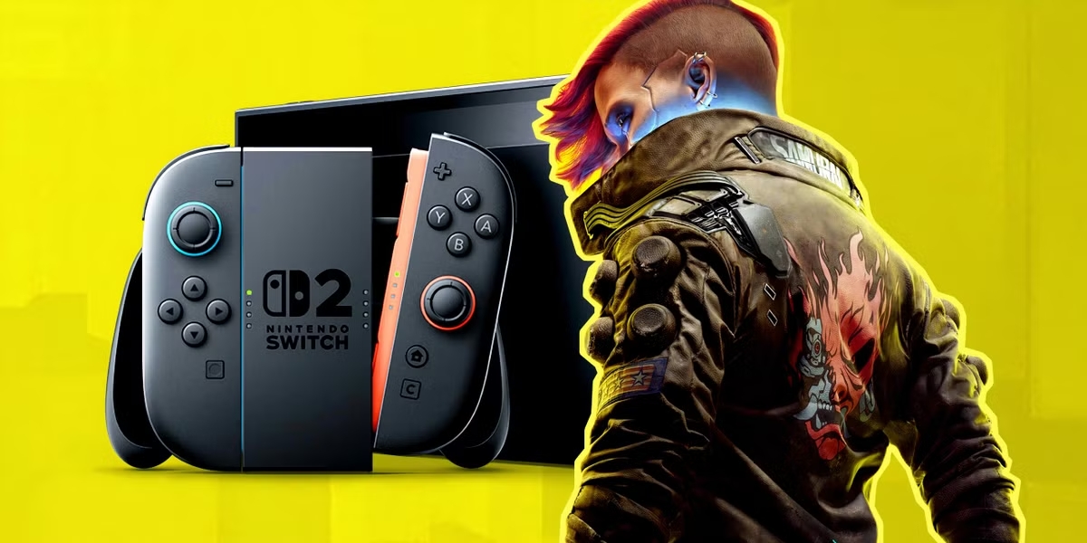 cyberpunk 2077 v standing in front of a nintendo switch